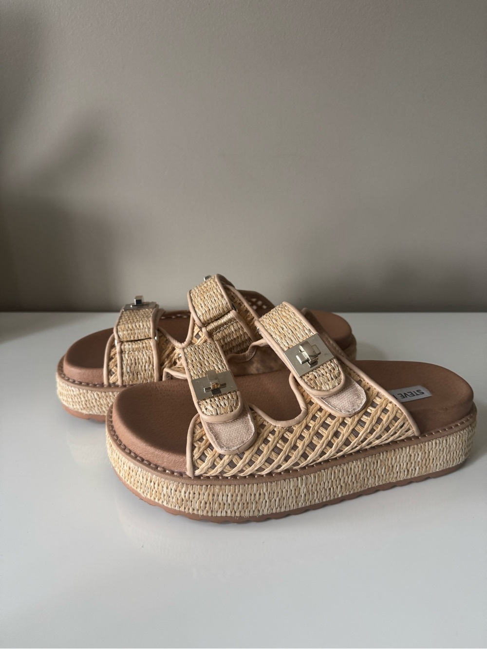 Steve Madden Woven/Raffia Straw Platform Slide Sandals - Beige